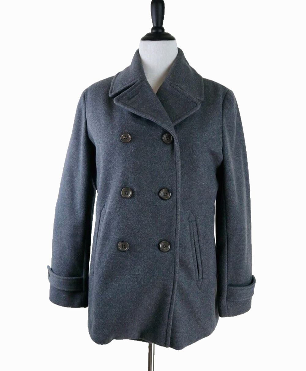 Lands End Size 12 Wool Blend Double Breasted Pea Coat Gray